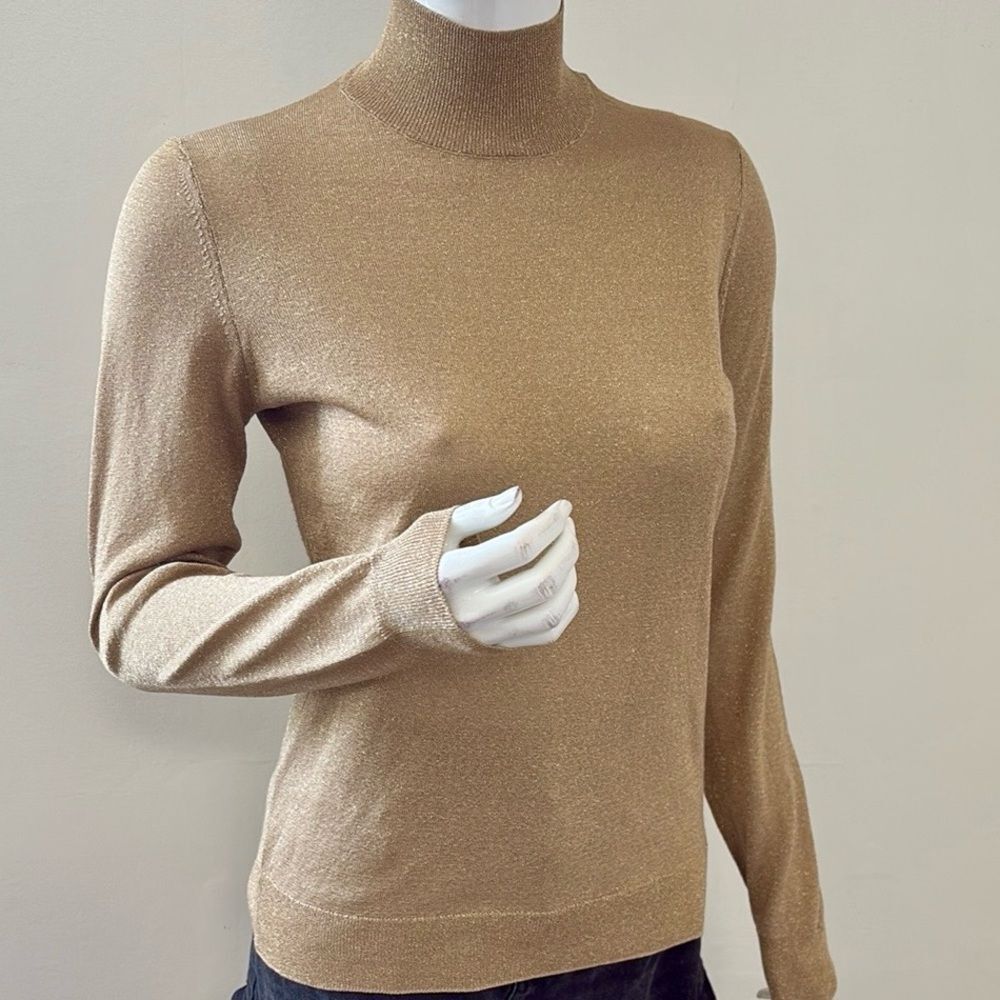 Massimo Dutti Shimmering Gold Sparkly Fitted Turtleneck Sweater Lightweight